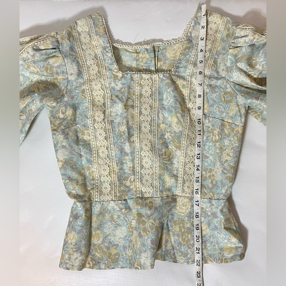 Bohemian Floral Square Neck Peplum Button Up At Back Lace Long Sleeve Blouse S - Picture 6 of 6